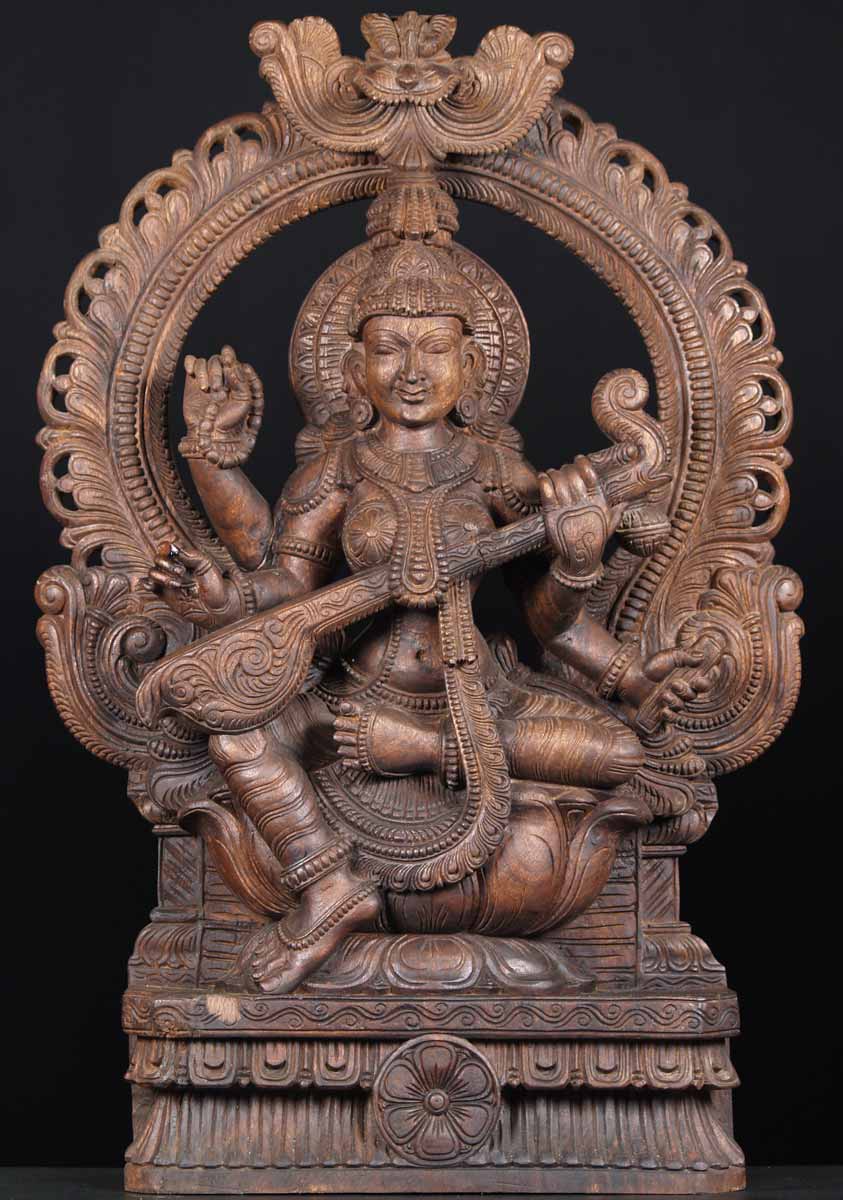 Wooden Saraswati Playing the Veena 35"